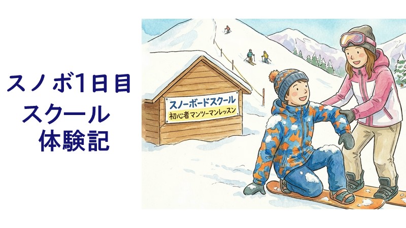 スノーボードの初心者がスクールに入りマンツーマンレッスンしているイラスト