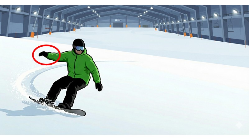 スノボで滑っているイラストでは、右手がボードで滑っている感を出していることを示したイラスト