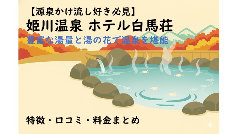 露天風呂と背景の山々が描いてあるホテル白馬荘のまとめ記事 アイキャッチ画像